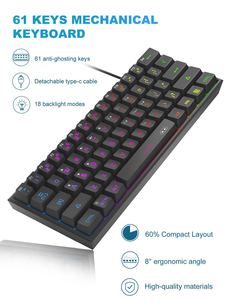 MageGee Mini 60% Gaming Keyboard, RGB Backlit 61 Key Ultra-Compact Keyboard, TS91 Ergonomic Waterproof Mechanical Feeling Office